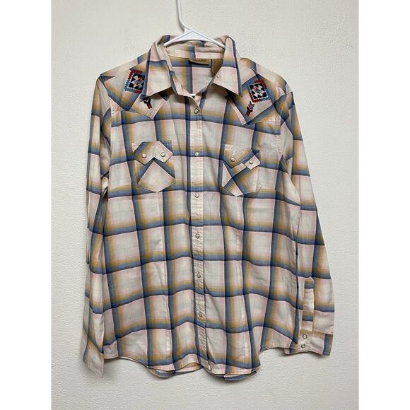 Wrangler Shirt Women’s L Long Sleeve Pearl Snap Western Cowgirl Aztec Embroidery - Picture 1 of 10